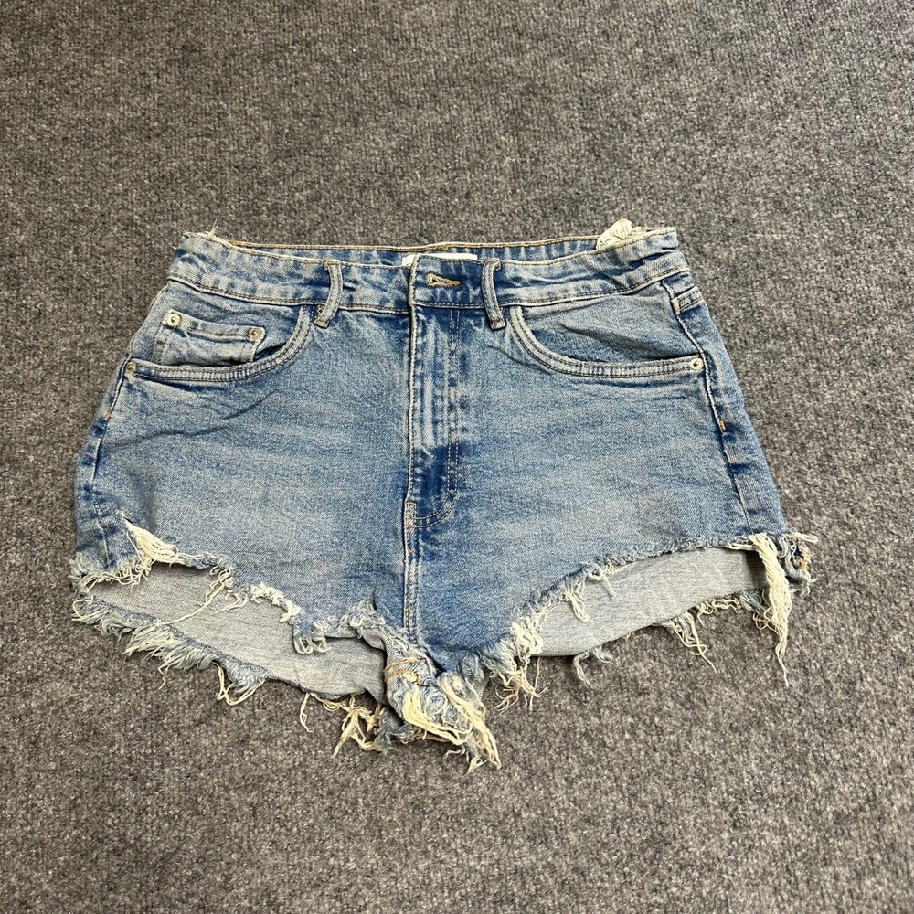 Zara Denim Shorts Womens Size 8 Blue High Waisted Distressed Raw Hem Summer